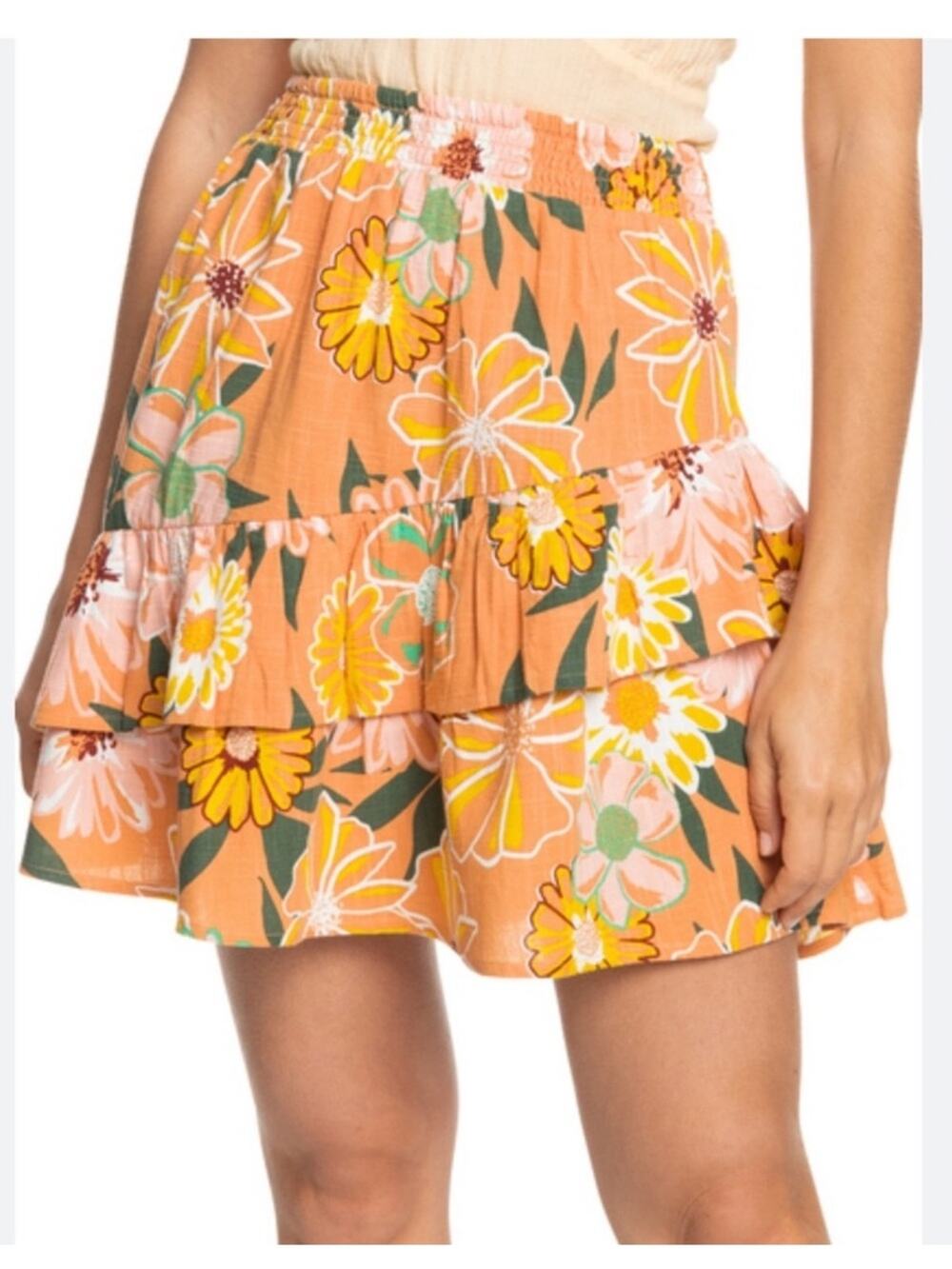 Roxy Cosmic Glow Again Smocked Floral Ruffle Mini Skirt Size Large